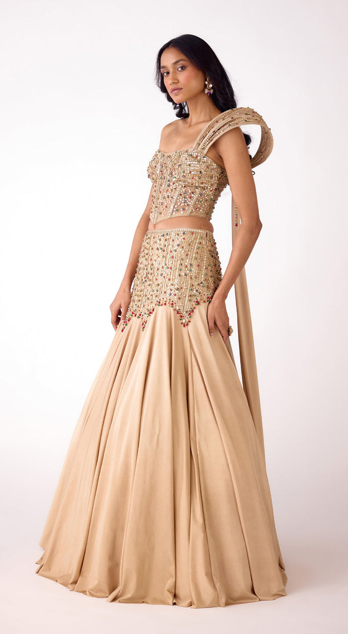 Gold Silk Embroidered Lehenga Set