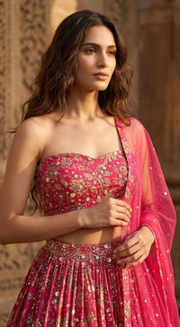 Pink Chinon Embroidered Lehenga Set