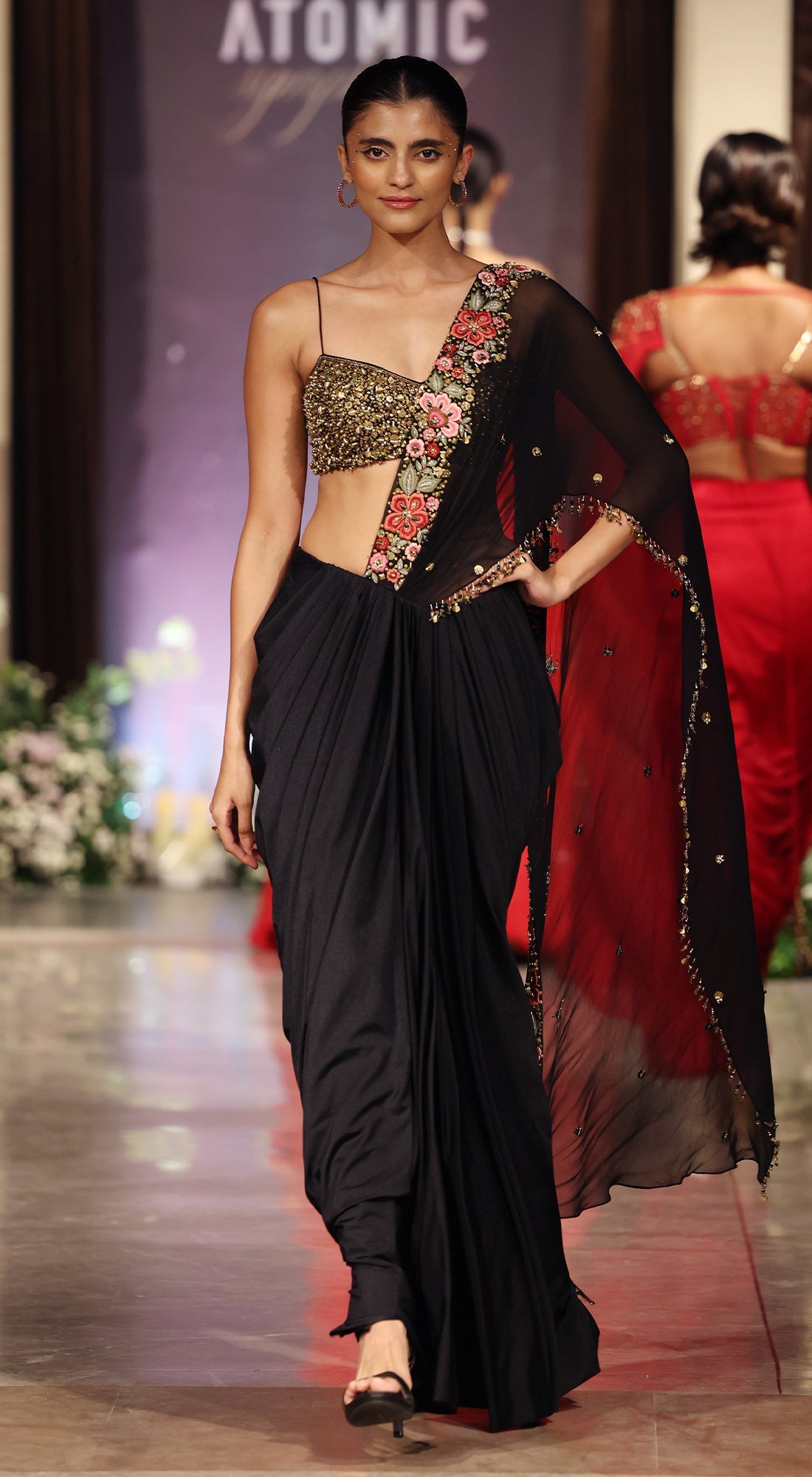 Black Viscose Organza Embroidered Saree Set