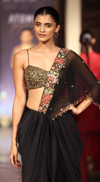 Black Viscose Organza Embroidered Saree Set