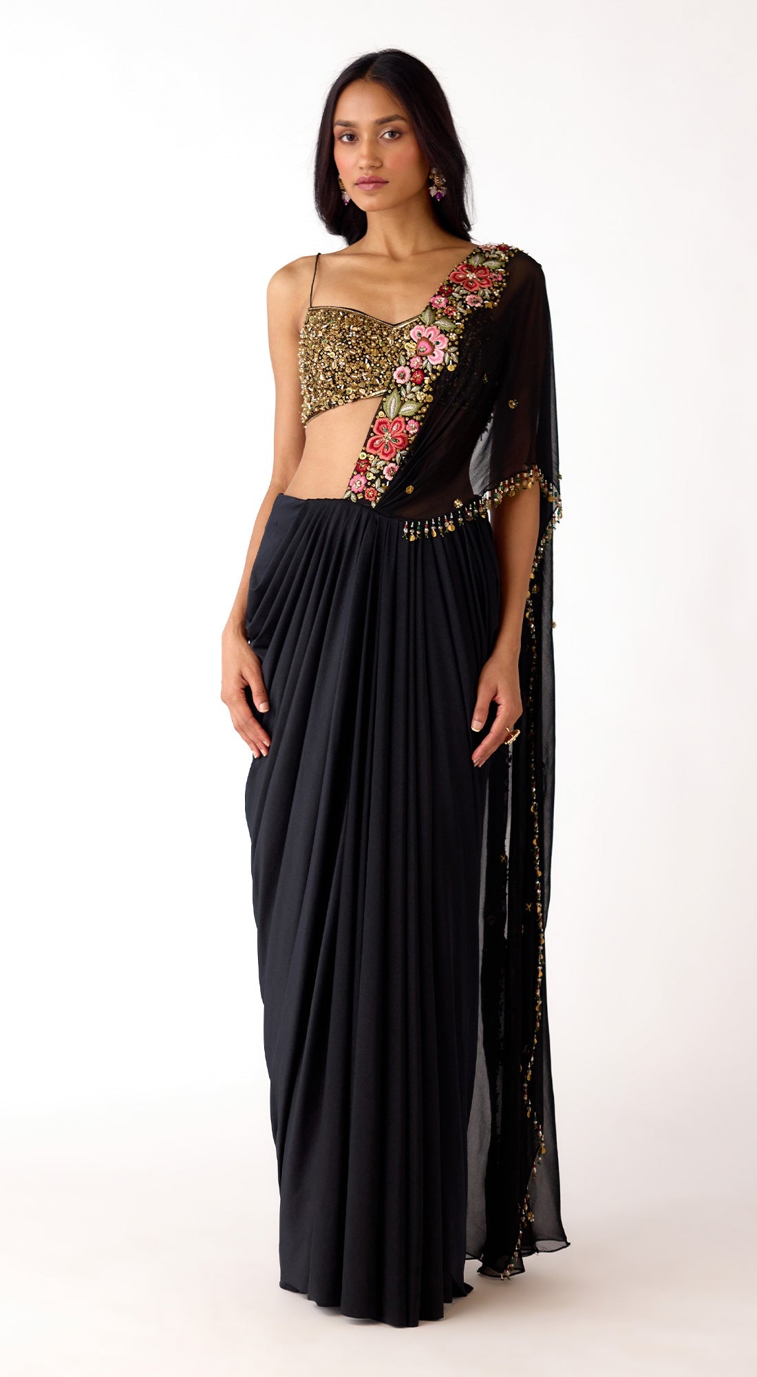 Black Viscose Organza Embroidered Saree Set