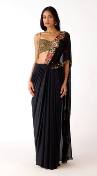 Black Viscose Organza Embroidered Saree Set