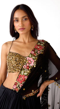 Black Viscose Organza Embroidered Saree Set
