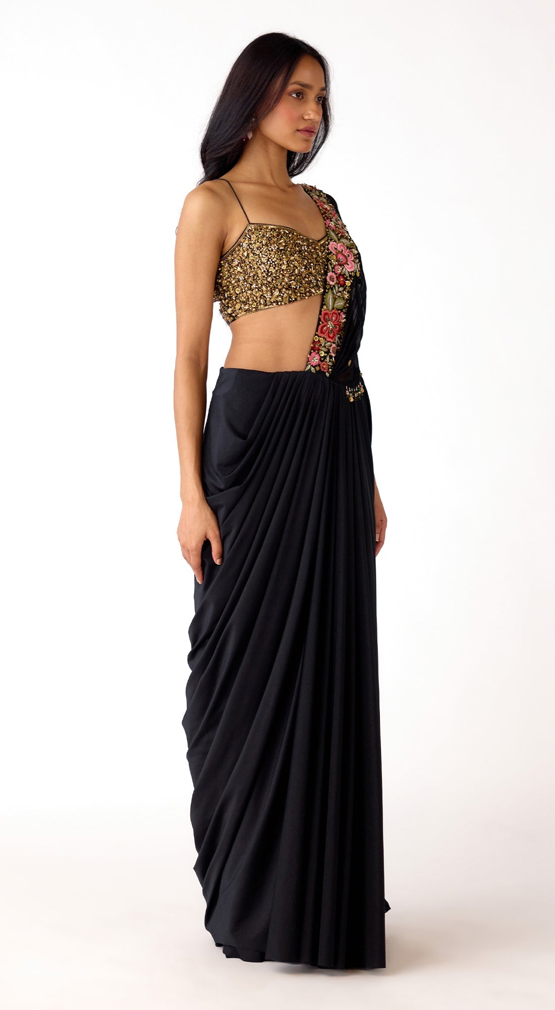 Black Viscose Organza Embroidered Saree Set