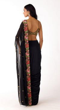 Black Viscose Organza Embroidered Saree Set