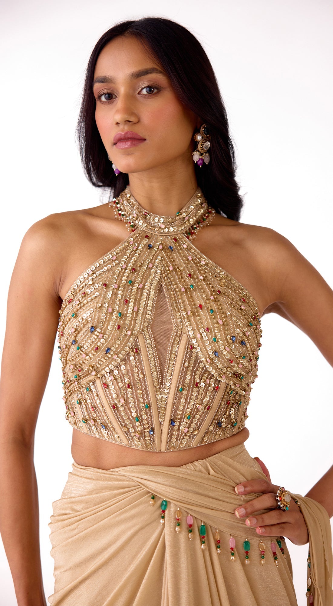 Gold Silk Embroidered Draped Saree