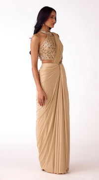 Gold Silk Embroidered Draped Saree
