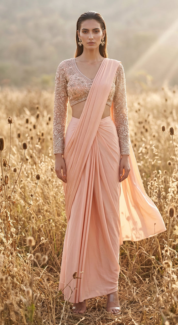 Peach Sequins Embroidered Draped Saree