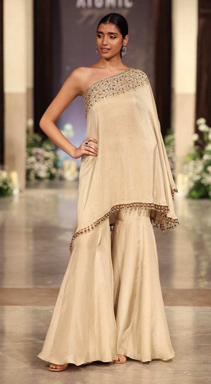 Gold SIlk Embroidered Asymmetric Sharara Set