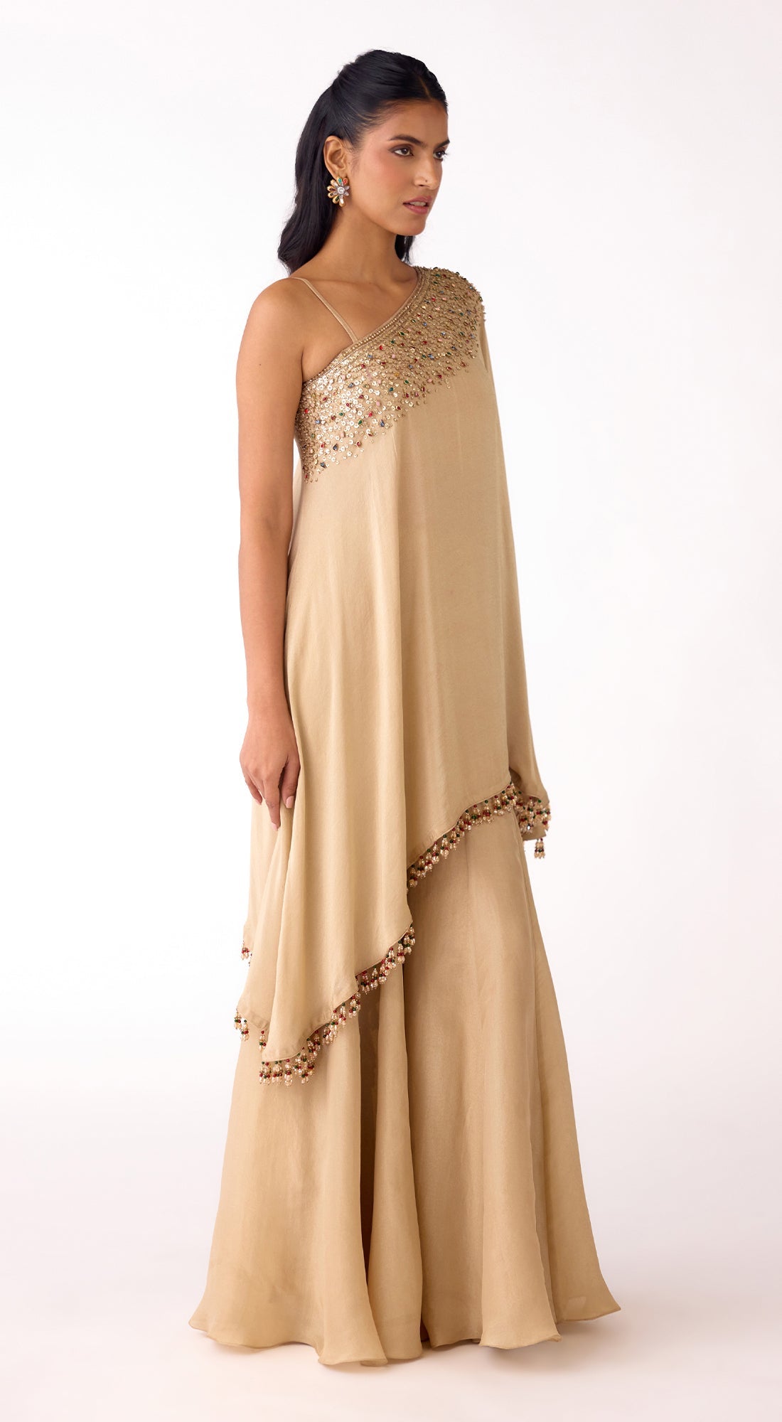 Gold SIlk Embroidered Asymmetric Sharara Set