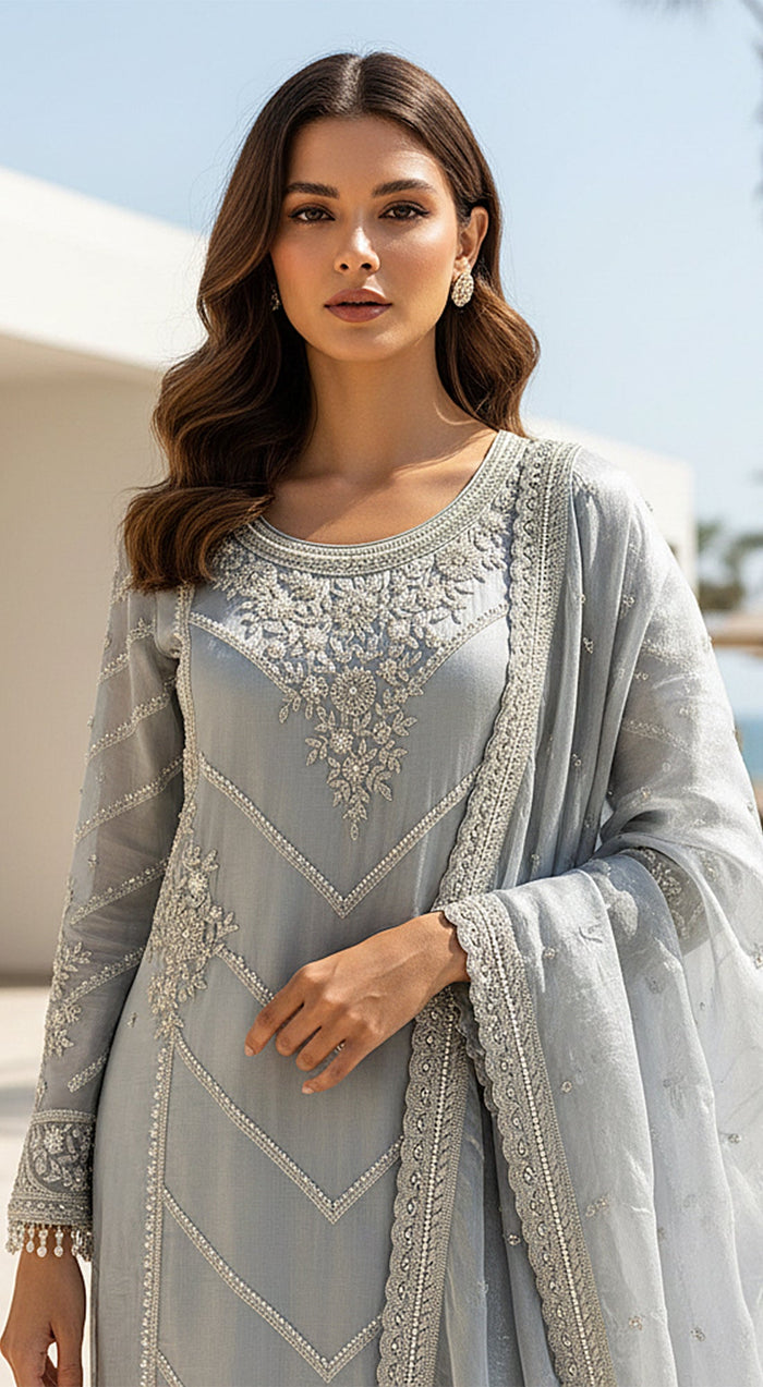 Blue Tissue Embroidered Sharara Set