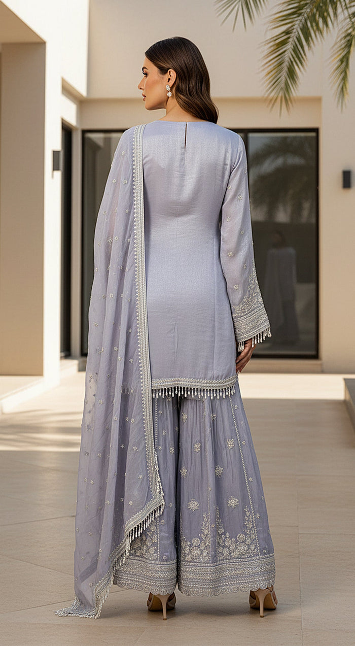 Lilac Tissue Embroidered Sharara Set