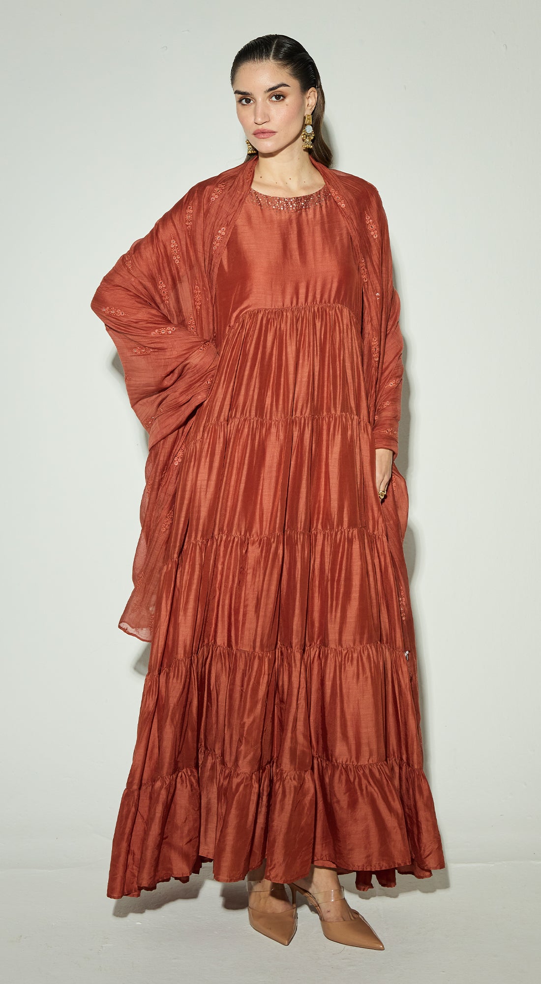 Rust Silk Embroidered  Anarkali Set