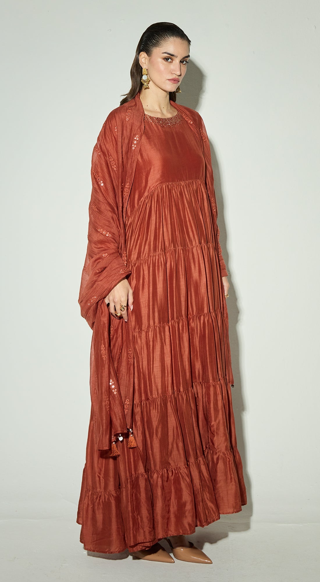 Rust Silk Embroidered  Anarkali Set