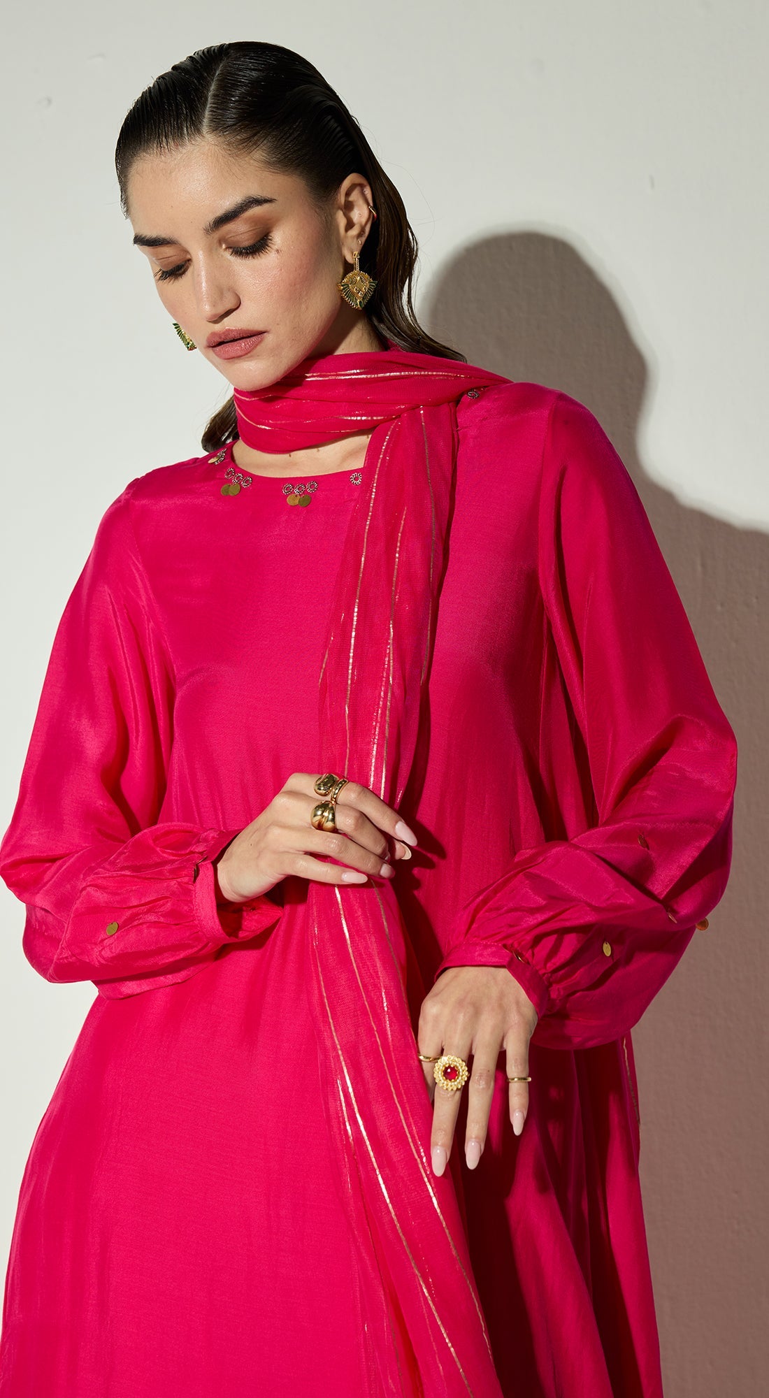 Rani-Pink Silk Embellished Kurta Set