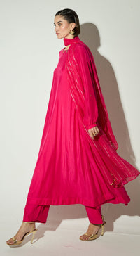Rani-Pink Silk Embellished Kurta Set