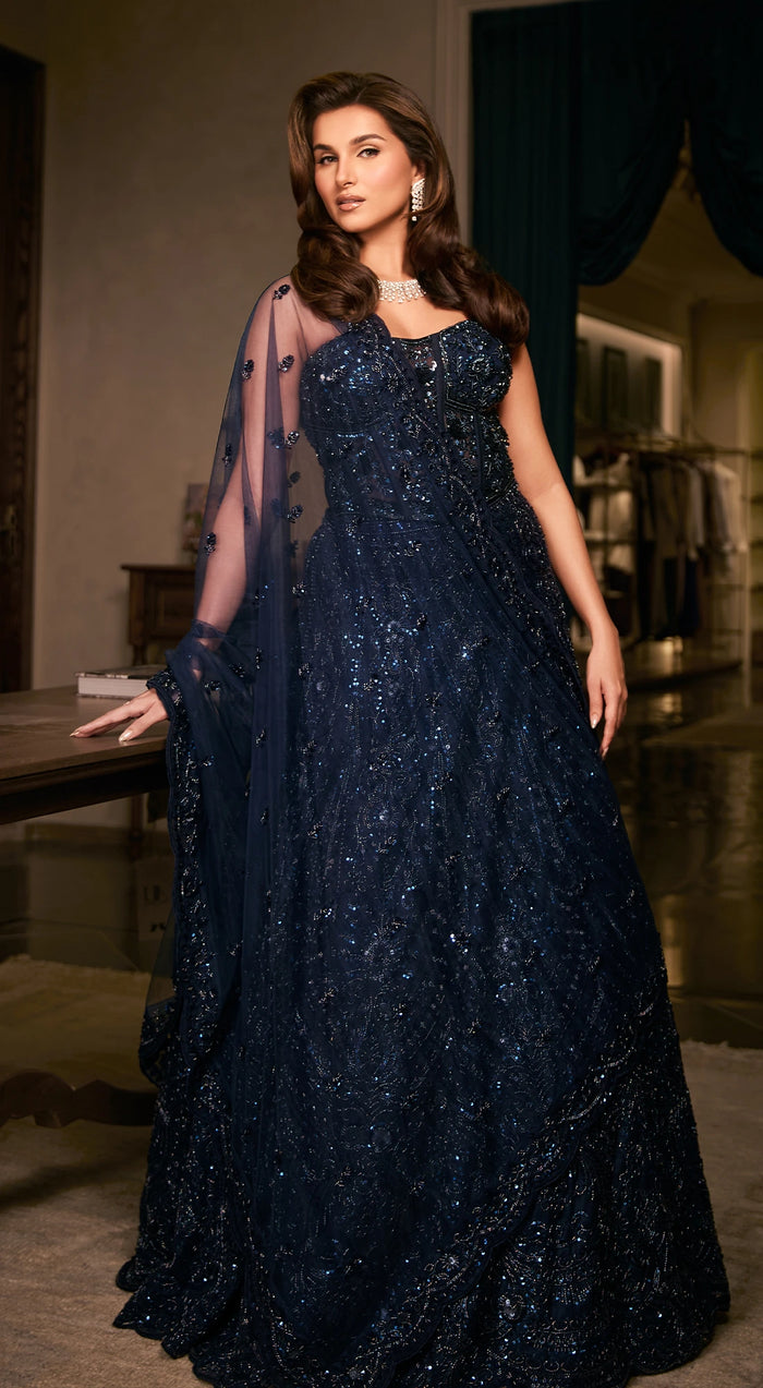 TARA SUTARIA IN MIDNIGHT STARLIGHT CORSET LEHENGA