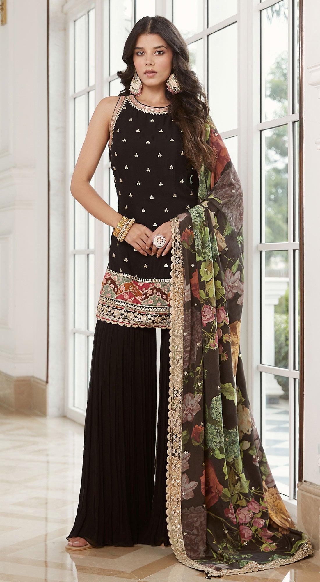 Black Georgette Gharara Set