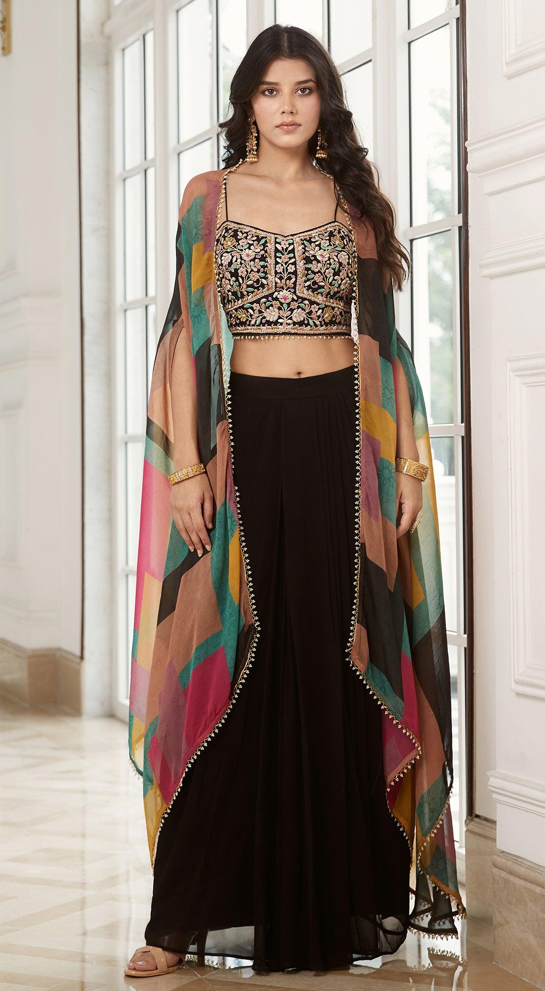 Black Skirt Set With Cape