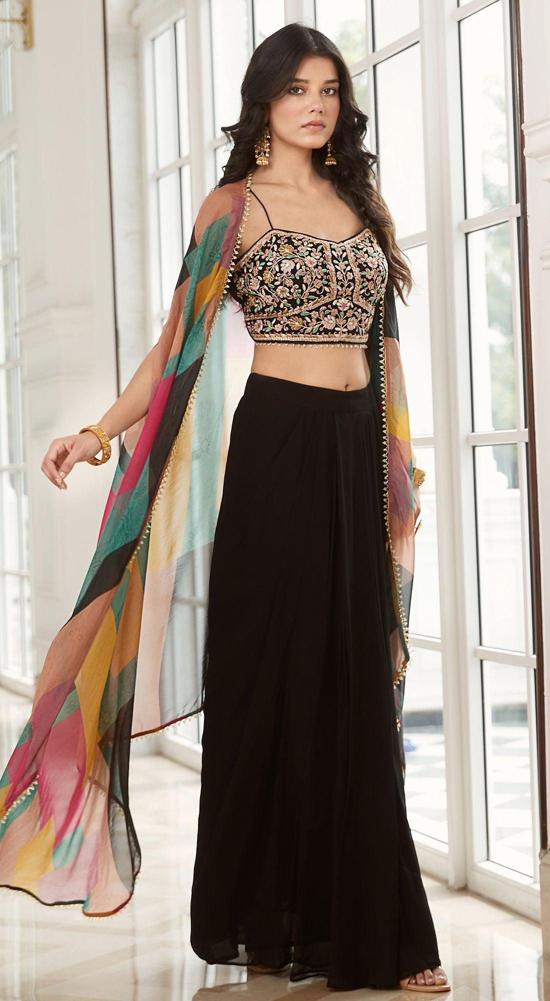 Black Skirt Set With Cape