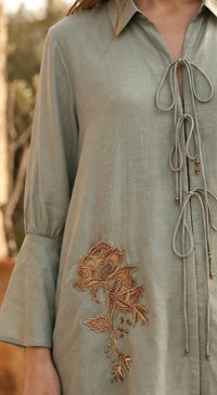 Aqua Zari Tie-Up Cotton Silk Shirt