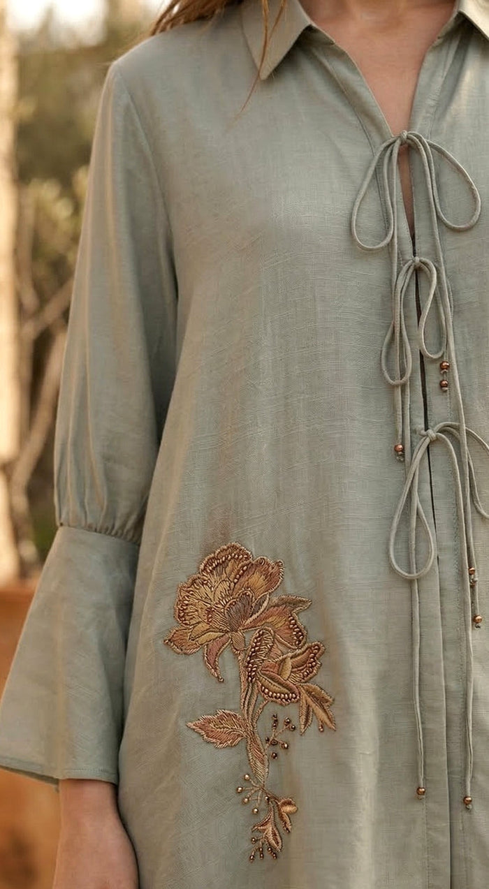 Aqua Zari Tie-Up Cotton Silk Shirt