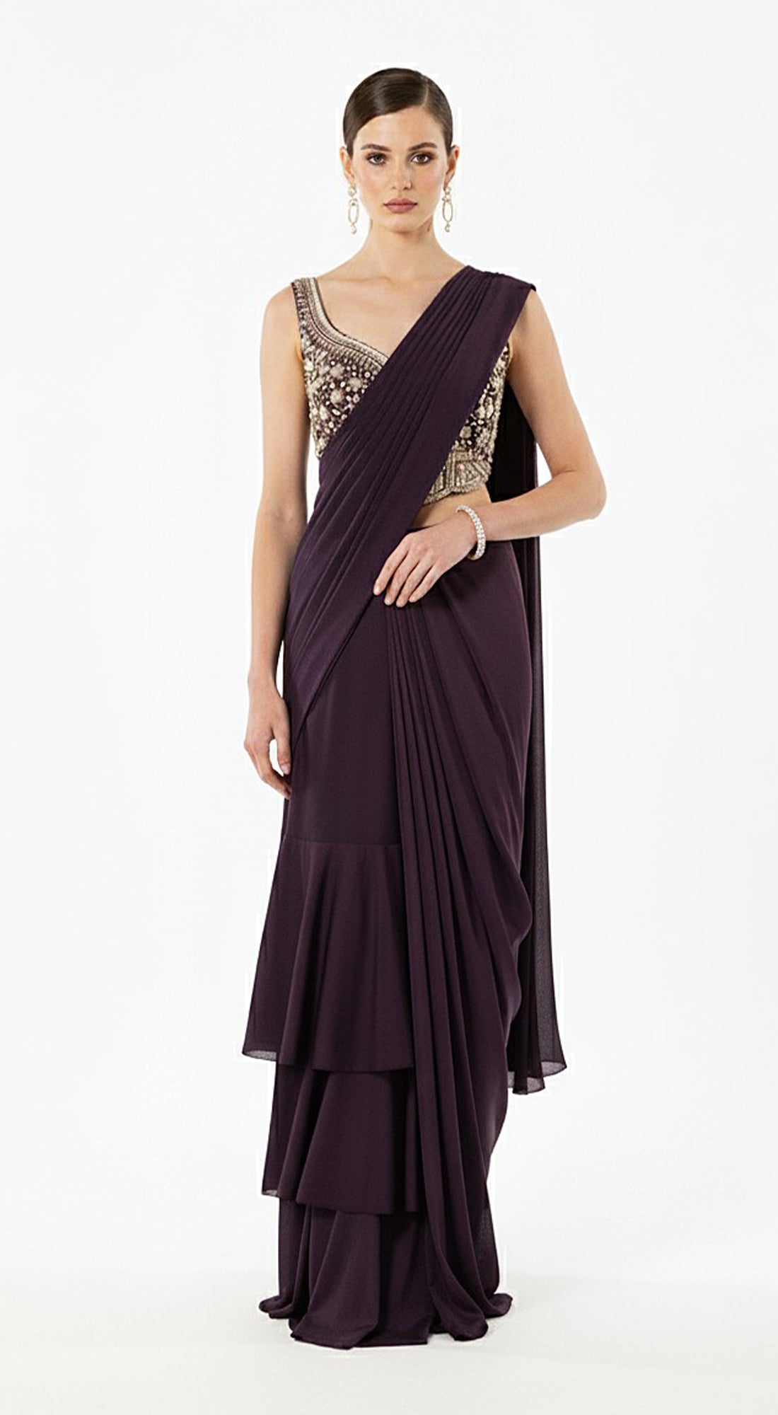 Purple Embroidered Draped Saree