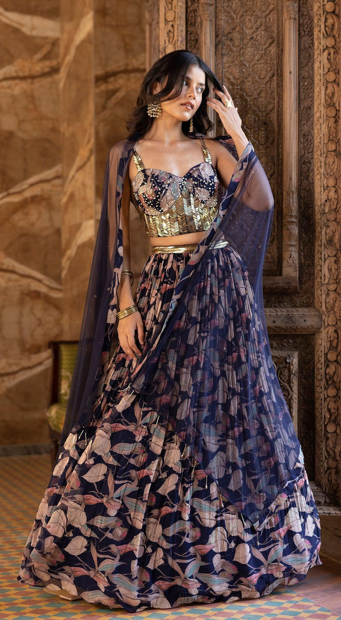 Blue Floral Print Lehenga Set - Basanti Kapde aur Koffee