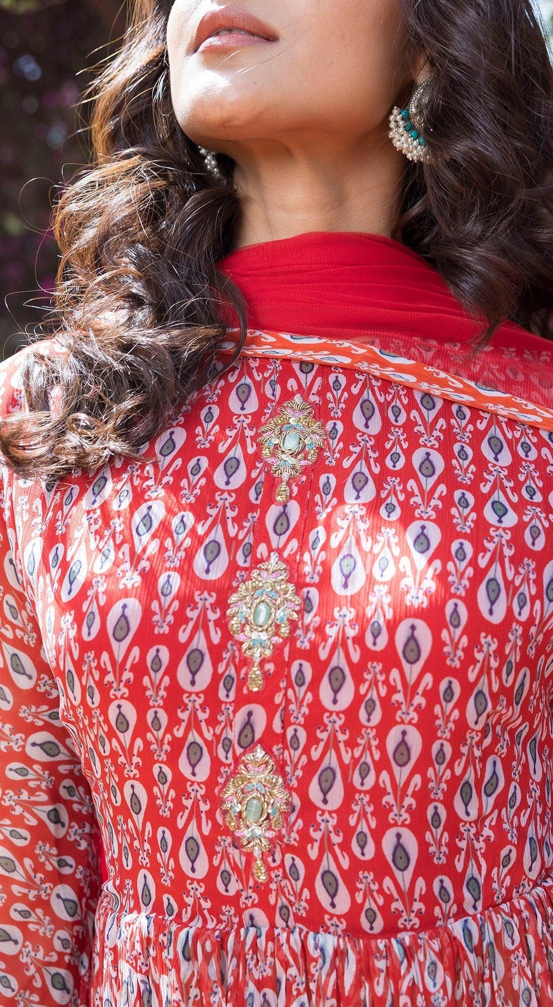 Drop Printed Full Sleeves Sharara Suit Set with A Peplum Top Front Embellishment - RED - Basanti Kapde aur Koffee