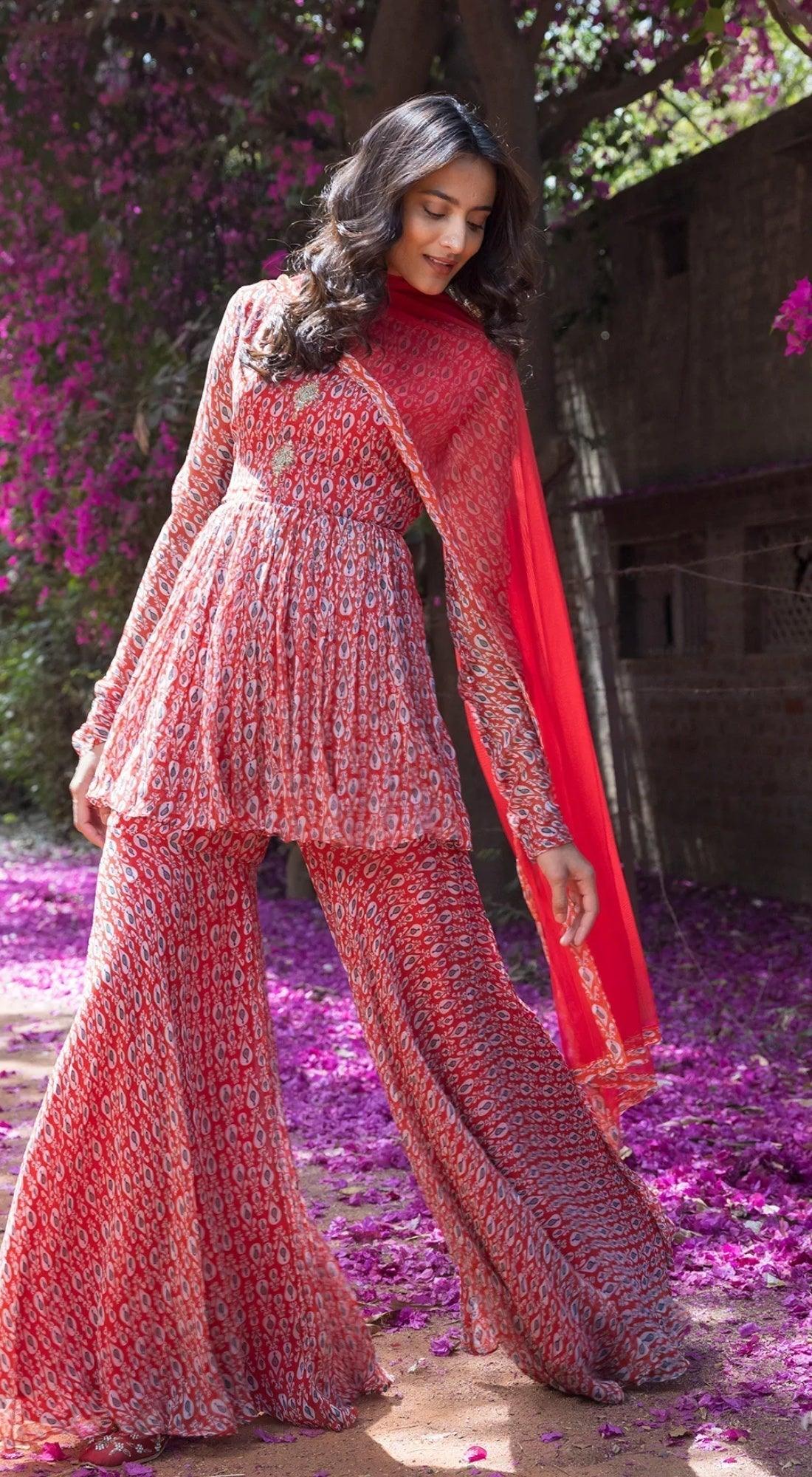 sharara peplum dress White Georgette Peplum Kurta Sharara Set With Beads And Sequins
