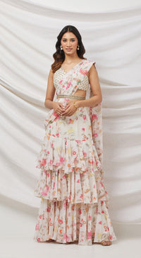 Ivory Printed Pre-Draped Saree Set - Basanti Kapde aur Koffee