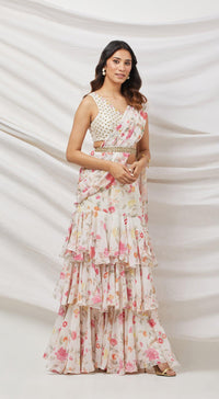 Ivory Printed Pre-Draped Saree Set - Basanti Kapde aur Koffee