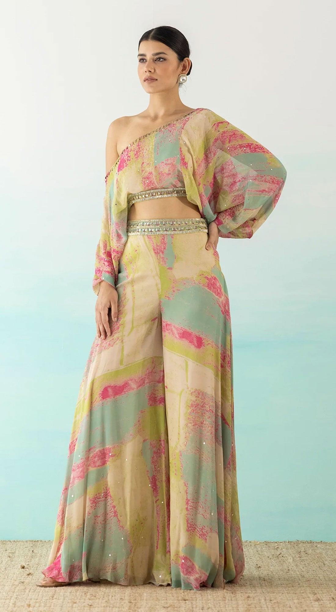 Multicolor One Shoulder Crop Top And Palazzo Set - Basanti Kapde aur Koffee