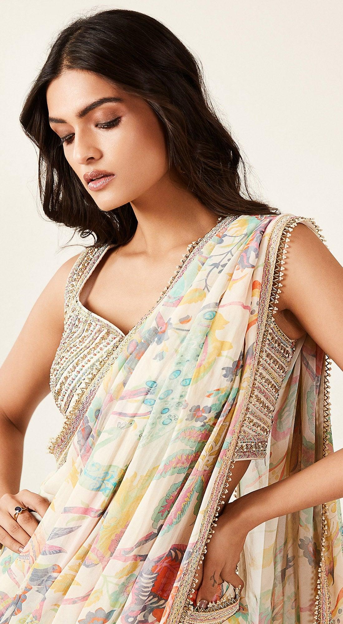 Multicoloured Printed Saree - Basanti Kapde aur Koffee