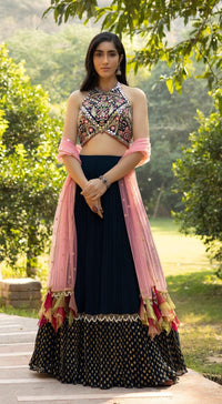 Teal blue mirror embroidered lehenga set - Basanti Kapde aur Koffee