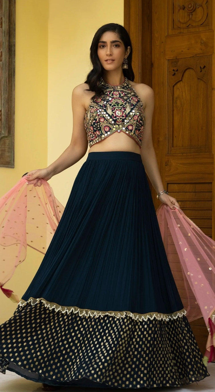 Teal blue mirror embroidered lehenga set - Basanti Kapde aur Koffee