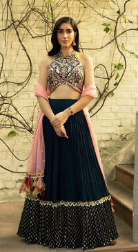 Teal blue mirror embroidered lehenga set - Basanti Kapde aur Koffee