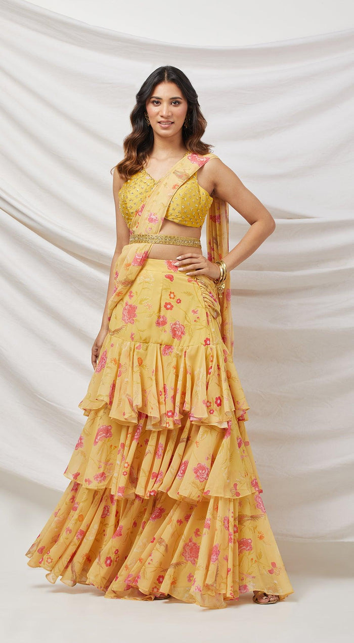 Yellow Embroidered Draped Saree Set - Basanti Kapde aur Koffee