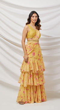 Yellow Embroidered Draped Saree Set - Basanti Kapde aur Koffee