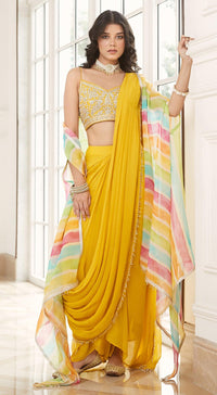 Yellow Pre-Draped Cape Saree